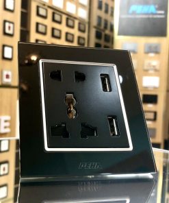 Bộ ổ cắm 5 chấu + USB Aura glass black Series P-033