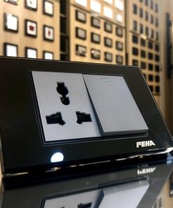 Bộ 1 công tắc+ 1 ổ cắm 3 chấu peha AURA KANTIG glass black grey Series